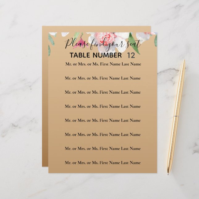 White Narcissus on Champagne Wedding Seating Sign (Front/Back In Situ)