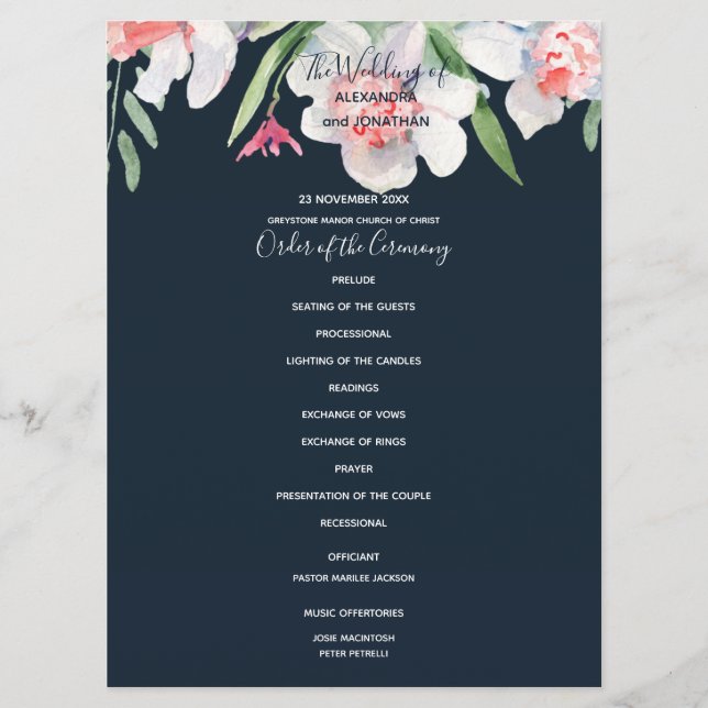 White Narcissus on Navy Wedding Program (Front)