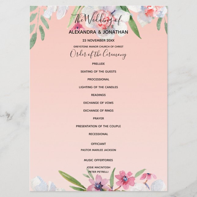 White Narcissus sur Apricot Pink Wedding Programme (Devant)