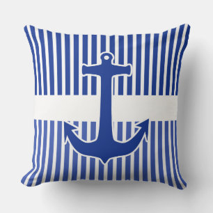White Narrow Stripes & Anchor blue + your backgr. Throw Pillow