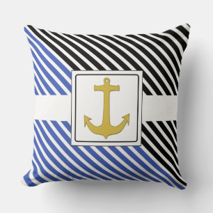 White Narrow Stripes & Anchor gold Throw Pillow