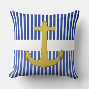 White Narrow Stripes & Anchor gold + your backgr. Throw Pillow