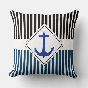 White Narrow Stripes & Anchor + your backgr. Throw Pillow