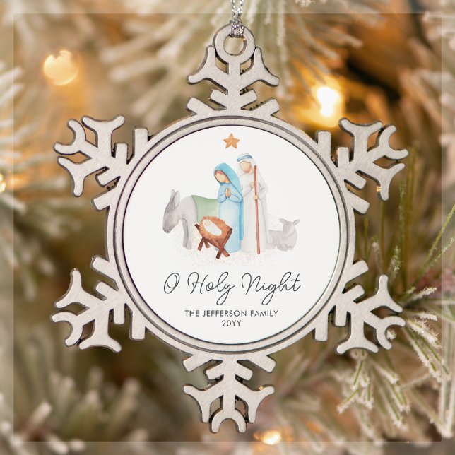 White Nativity Manger Religious Snowflake Pewter Christmas Ornament (Creator Uploaded)
