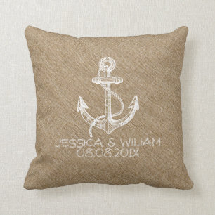 White Nautical Anchor Beige Linen Print Throw Pillow