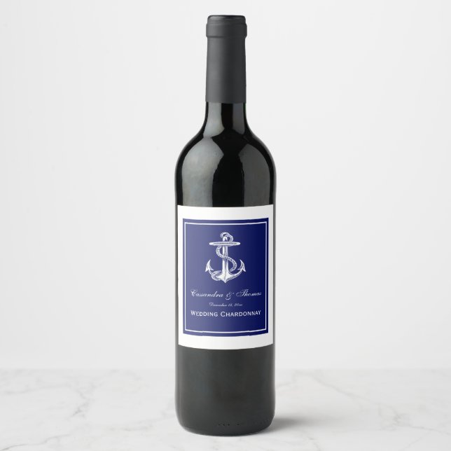 White Nautical Anchor on Navy Blue Frame Wine Label (Front)