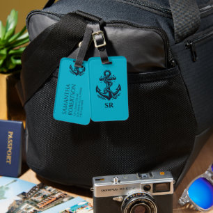 White Nautical Boat Anchor On Navy Blue Luggage Ta Tag
