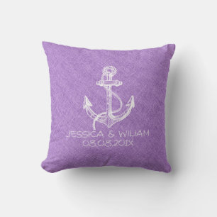 White Nautical Boat Anchor Purple Linen Print Throw Pillow