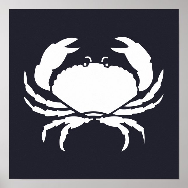 white nautical CRAB silhouette on navy blue Poster (Front)
