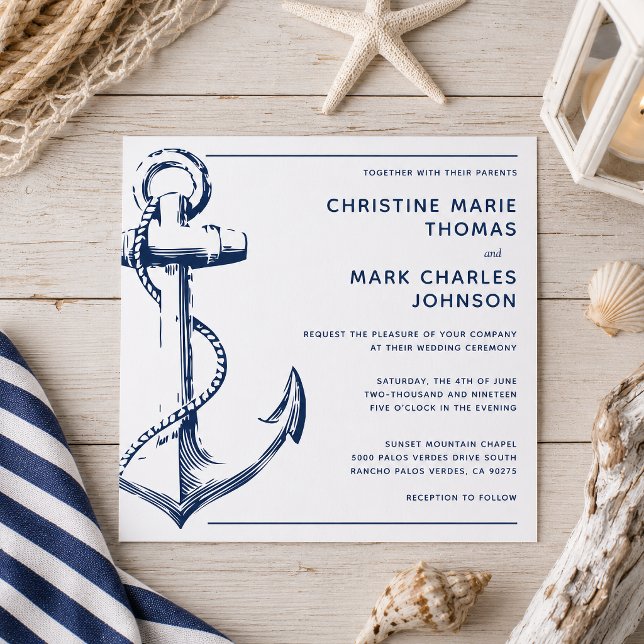 White Nautical Navy Ship Anchor Wedding Invitation (Tie the knot with this nautical sketch anchor wedding square invitation.)