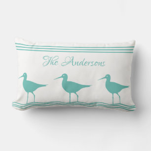 White Nautical Pillow Teal Blue Sandpipers