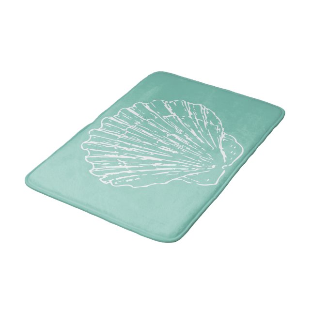 White Nautical Seashell On Seafoam Green Bath Mat (Angled)
