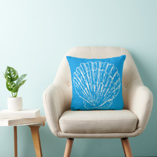 White Nautical Seashells Pattern On Azure Sky Blue Throw Pillow