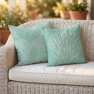 White Nautical Seashells Pattern On Seafoam Green Outdoor Pillow