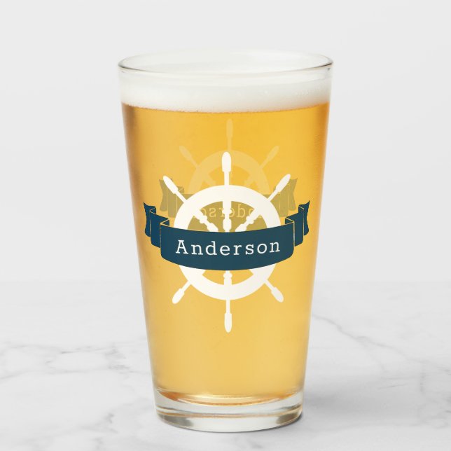 White Nautical Ship Helm & Navy Ribbon Family Name Glass (Front Filled)