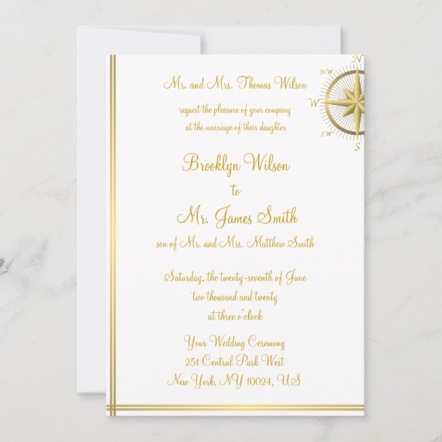 White Nautical Wedding Invitations Gold Compass (Front)