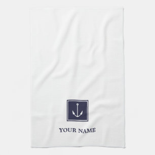 White Navy Blue Anchor Personalized Kitchen Towels