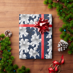 White Navy Blue Bows Holiday Wrapping Paper
