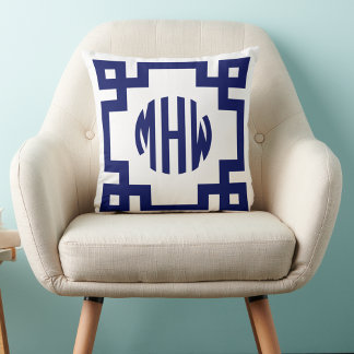 White Navy Blue Circle Monogram Greek Key DIY BG Throw Pillow