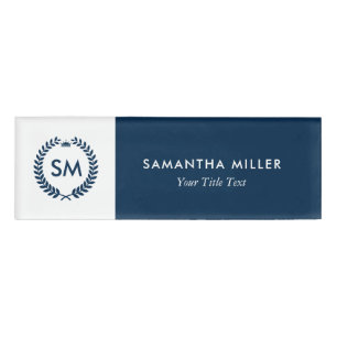 White & Navy Blue Crest Wreath Custom Monogram Nam Name Tag