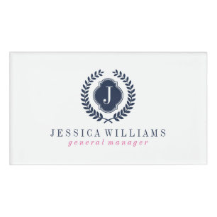 White & Navy Blue Crest Wreath Custom Monogram Name Tag