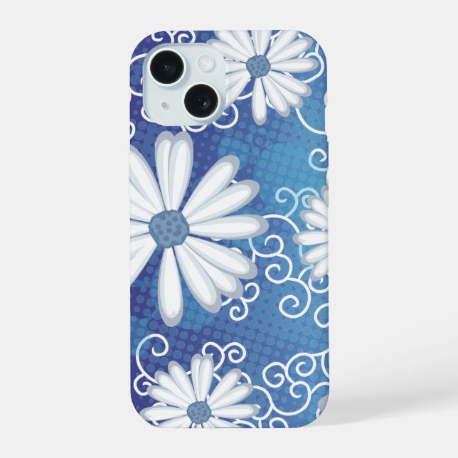 White Navy Blue Dots Daisy Flowers Floral Pattern  iPhone 15 Case (Back)