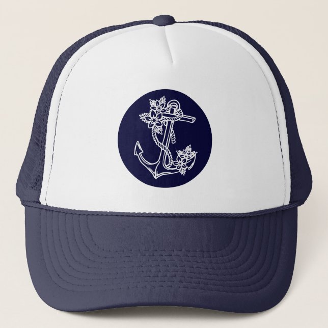 White & Navy Blue Floral Nautical Boat Anchor Trucker Hat