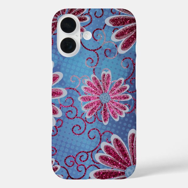 White Navy Blue Floral Pink Glitter Daisy Pattern Case-Mate iPhone Case (Back)