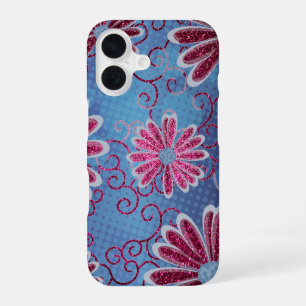 White Navy Blue Floral Pink Glitter Daisy Pattern iPhone 16 Case