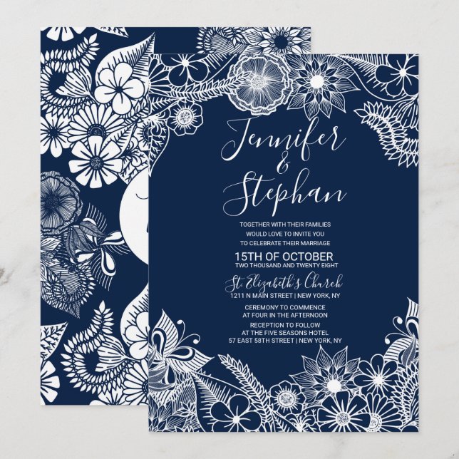White Navy Blue Illustrative Florals Wedding Invitation (Front/Back)