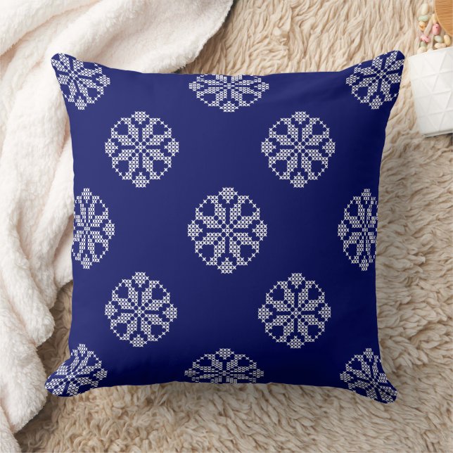 White & Navy Blue Modern Cross Stitch Lace Pattern Throw Pillow (Blanket)