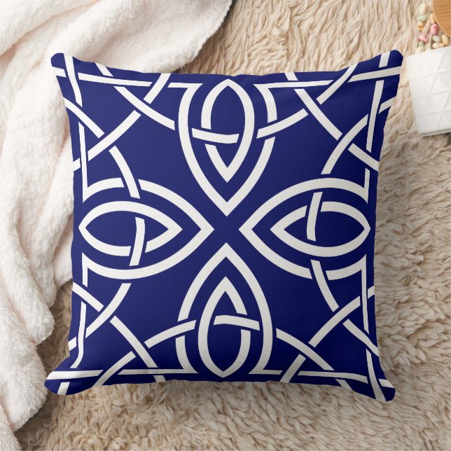 White & Navy Blue Modern Curve Pattern Throw Pillow (Blanket)