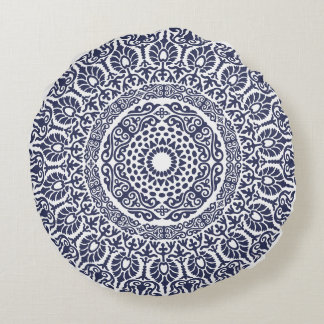 White & Navy Blue Modern Mandala boho chic Indian Round Pillow