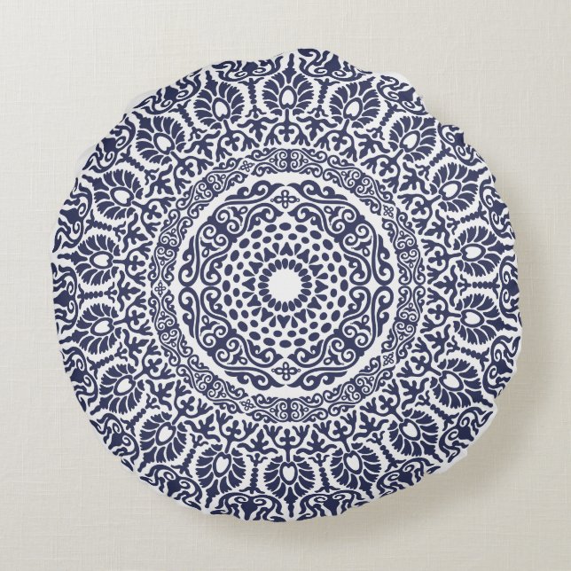 White & Navy Blue Modern Mandala boho chic Indian Round Pillow (Back)