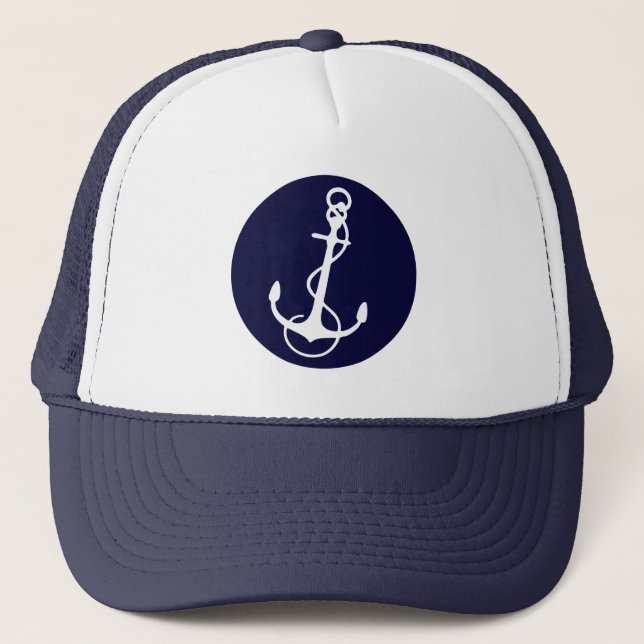 White & Navy Blue Nautical Boat Anchor 2 Trucker Hat (Front)