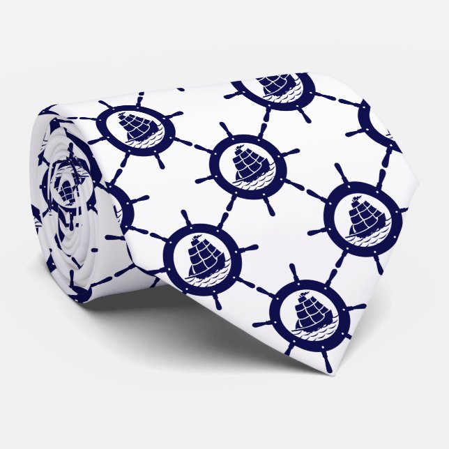 White & Navy Blue Nautical Boat Wheel Pattern Tie (Rolled)