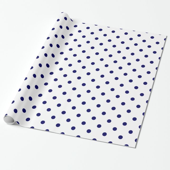 White Navy Blue Polka Dot Spot Pattern Wrapping Paper (Unrolled)