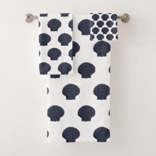 WHITE NAVY BLUE SEASHELL BATHROOM TOWEL SET