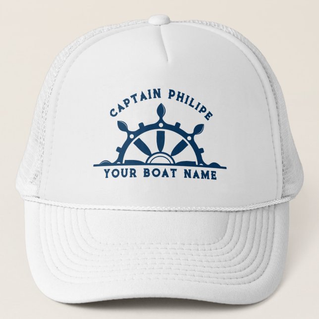 White & navy blue steering boat wheel custom text trucker hat (Front)