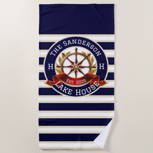 White Navy Blue Stripe Beach house or Lake house Beach Towel (Front)