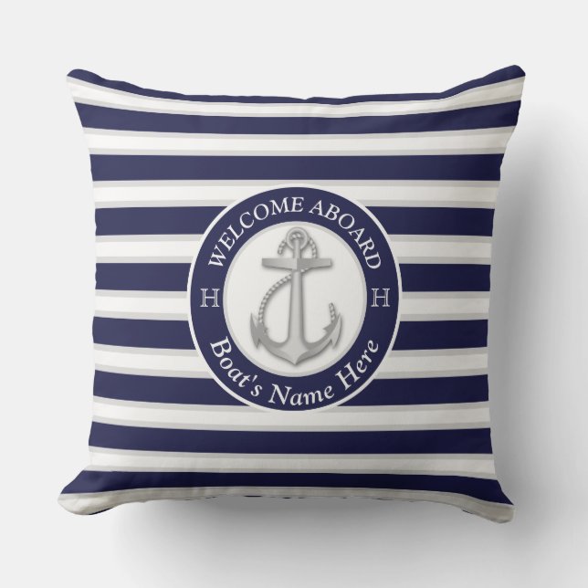 White  Navy Blue Stripe Boat Name Anchor Welcome Outdoor Pillow (Front)