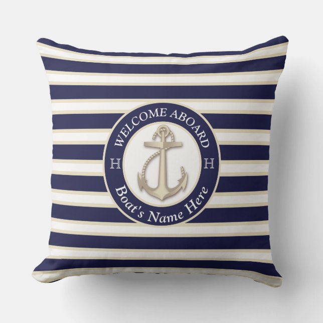 White  Navy Blue Stripe Boat Name Anchor Welcome Outdoor Pillow (Front)