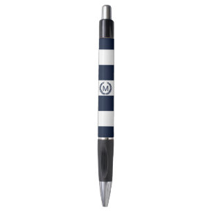 White & Navy Blue Striped Monogram Personalized Pen