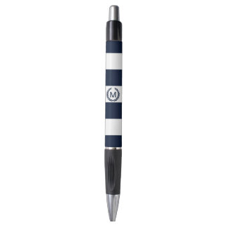 White & Navy Blue Striped Monogram Personalized Pen