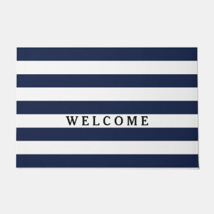 White Navy Blue Stripes Pattern {pick your color} Doormat