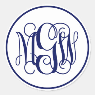 White Navy Blue Vine Script Monogram, DIY BG Classic Round Sticker