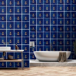 White  Navy Blue w/ Yellow Boat Anchor Faux Tiles Wallpaper