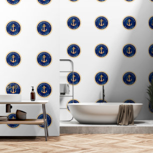  White  Navy Blue w/ Yellow Boat Anchor Monogram Wallpaper