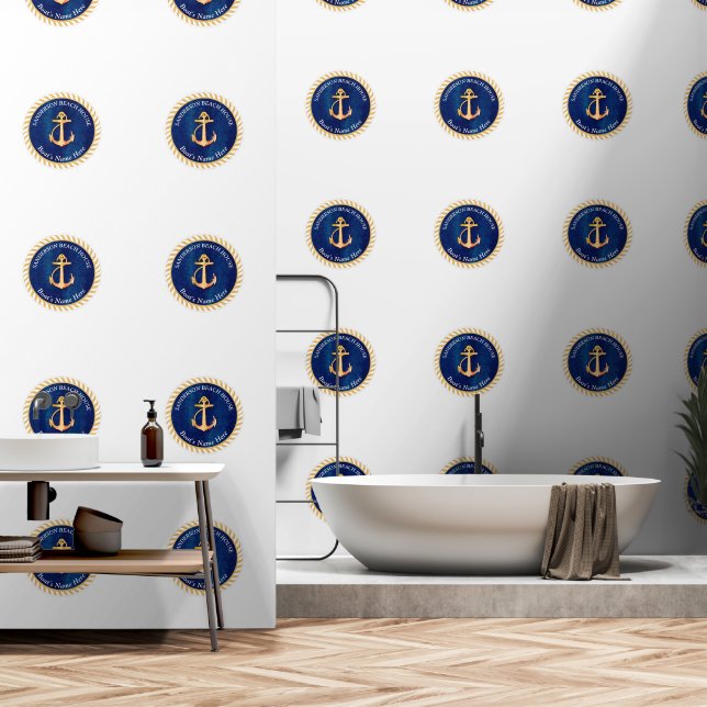  White  Navy Blue w/ Yellow Boat Anchor Monogram Wallpaper (Bathroom)
