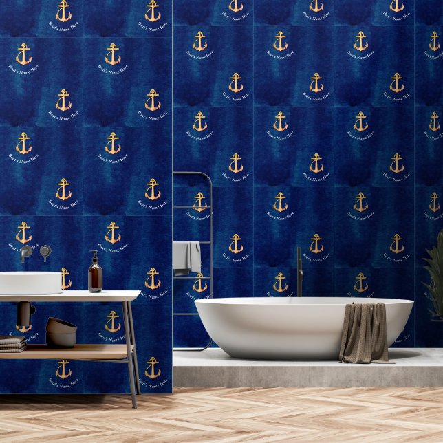 White  Navy Blue w/ Yellow Boat Anchor Monogram  Wallpaper (Bathroom)